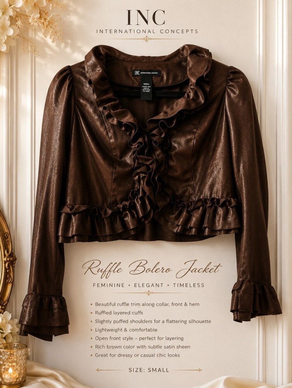INC Brown Faux Leather Ruffle Bolero Jacket S Coquette Whimsigoth Fairy Shrug S